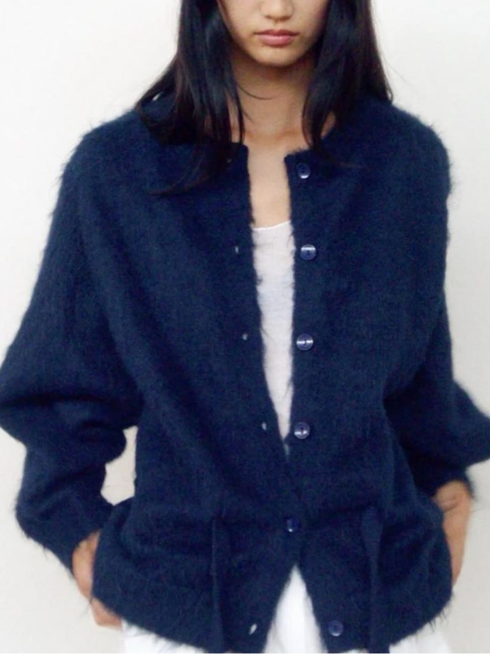 Elegant Soft Fuzzy Eyelash Dark Blue Indigo Oversized Thick Cardigan Jacket